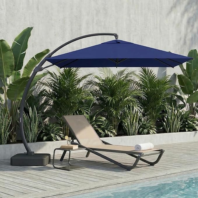 10*10 FT Cantilever Umbrella with Base Included, Large Square 360° Rotation Offset Umbrella Outdoor Patio, Heavy Duty Aluminum Frame, Sand-Weighted Stand, for Deck, Backyard, Pool, Garden (Navy Blue)