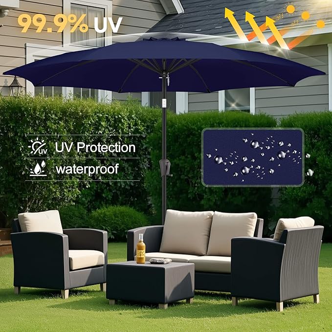 FLAME&SHADE 11 ft Patio Umbrella - Table Umbrella Outdoor with Push Button Tilt and Crank, UV Protection, 8 Sturdy Ribs, Market Umbrella for Garden, Deck, Backyard, Lawn, Pool and Beach(Navyblue)