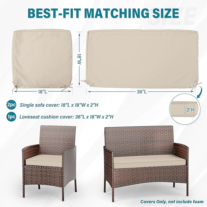 3 Pack of Outdoor Seat Cushion Replacement Set Suitable for 4 Pieces of Wicker Rattan Furniture Terrace Guest Set Sofa Chair (36x18x2, 18x18x2), Only Cover