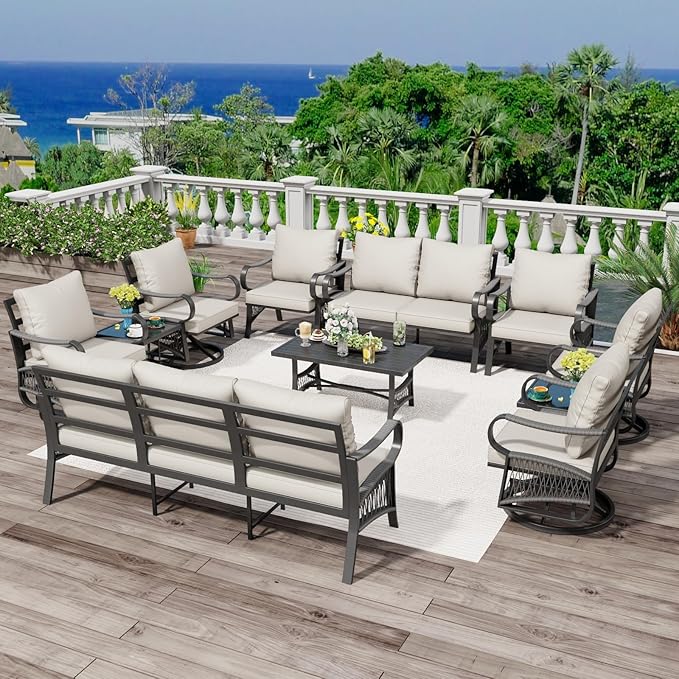 11 Piece Patio Furniture Set, 4 Single Swivel Chairs, Rope Braided Exposed with Thick Cushions, Outdoor All Weather Patio Conversation Sectional Sofa Set for Garden, Porch, Lawn, Beige