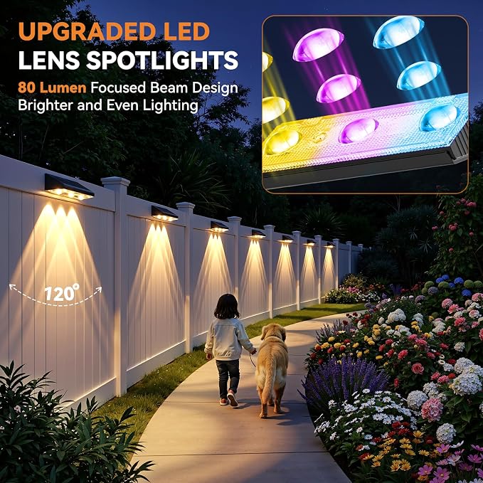 Solar Fence Lights Outdoor 6 Pack, Upgraded Brightness 3X LED Lens Fence Lights Solar Powered, 9 Fixed Colors & RGB Lights, IP65 Waterproof Solar Lights for Outside Backyard/Railing/Step/Patio