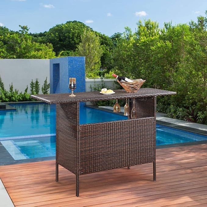 SPSUPE Outdoor Patio Rattan Bar Table, Wicker Bar Counter Table with 2 Steel Shelves and 2 Sets of Rails, 55.1"X 18.5"X 36.2" (L x W x H), Ideal for Garden, Backyard and Pool Side, Brown