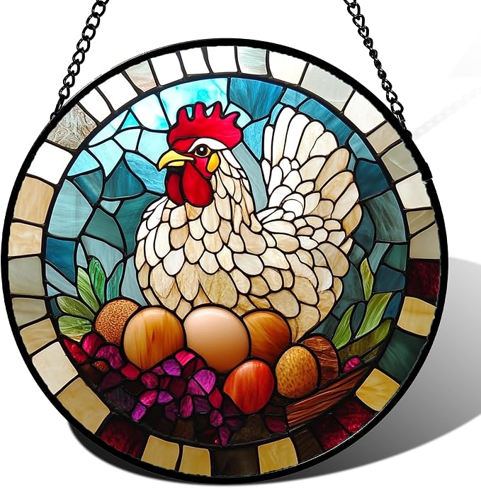 DASTOLL Stained Glass Window Hanging White Chicken Hatching Eggs 6.3" - Suncatcher Door Garden Sunroom Sun Catcher Home Decor Birthday Christmas for Mom Men Woman Nana