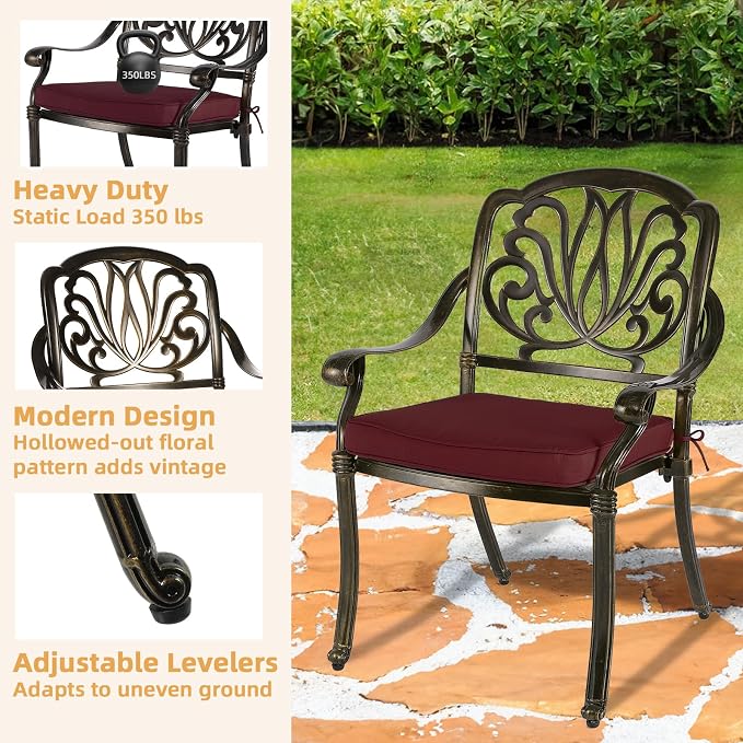 5-Piece Outdoor Patio Dining Set, All-Weather Cast Aluminum Patio Furniture Set for Backyard Garden Deck with 4 Chairs, 4 Cushions and 35.4” Square Table, 2.2" Umbrella Hole, Red