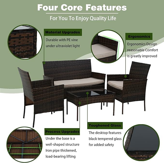PayLessHere 4 Pieces Patio Furniture Set Rattan Outside Furniture Wicker Sofa Garden Conversation Sets with Soft Cushion and Glass Table for Yard Pool or Backyard,Brown