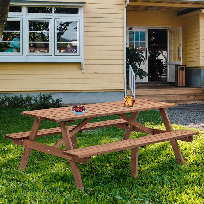 Picnic table75 Inch Picnic Table, 8 Person Brown Wooden Picnic Table, Outdoor Camping Dining Table with 2 Seats, Garden, DIY with 2 Built-in Benches, 2220lb Capacity,Brown