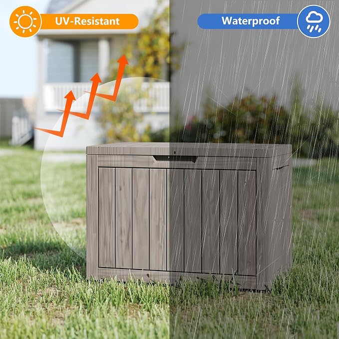 35 Gallon outdoor cushion storage deck boxes outdoor waterproof, package delivery boxes for outside, Outdoor Storage Lockable for Patio Furniture, Garden Tools and Pool Supplies, Light Brown