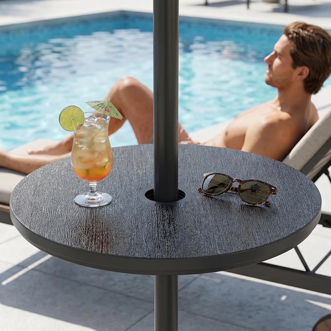 Outdoor Patio Umbrella Side Table, Round Weather-Resistant End Table with Umbrella Hole, Wood Grain Finish for Patio, Deck, Poolside, Black