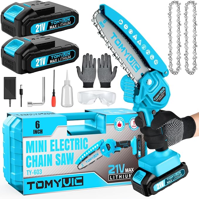 Mini Chainsaw 6-Inch Battery Powered - Best Cordless Small Handheld Chain Saw with 2 Rechargeable Batteries - 21V Power Chain Saws Battery Operated for Tree Trimming Wood Cutting