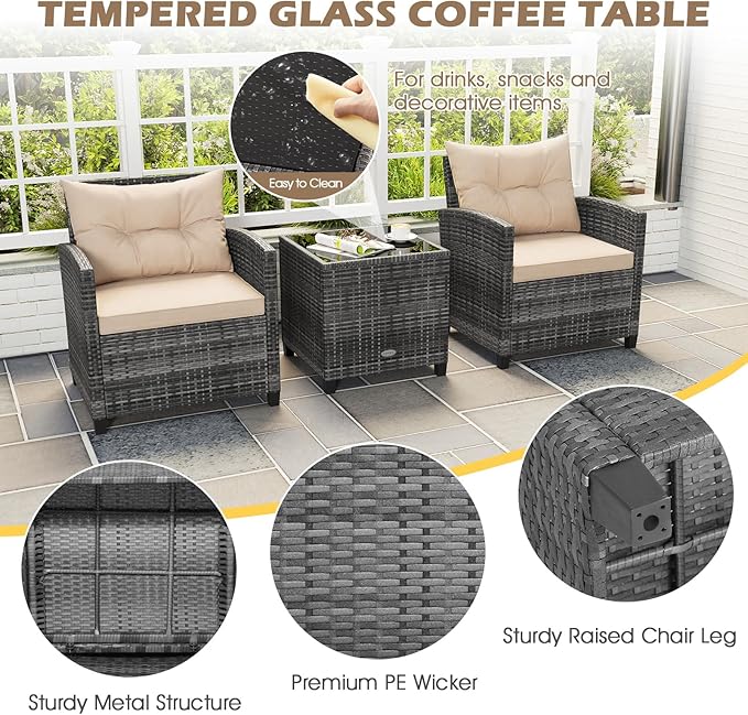 ORALNER 3 Pieces Patio Furniture, Outdoor Wicker Conversation Set Chairs with Soft Cushions and Glass Coffee Table, Mix Gray Rattan Bistro Set for Balcony Garden Deck Front Porch Poolside (Beige)
