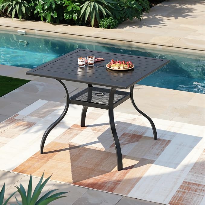Crownland Outdoor Furniture Dining Table 37" x 37" Metal Frame Patio Table Patio Furniture for 4 Person Square Steel Slat Tabletop with 1.57" Umbrella Hole for Garden Porch, Classic Black