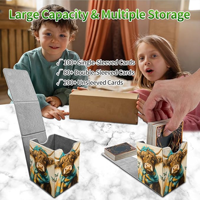 Blue Towel Cow Card Deck Box for MTG, Personalized Card Storage Case Fits 120+ Sleeved Cards, Premium Leather TCG Box with Strong Magnetic Closure for Magic, CCG, PTCG, Baseball Cards