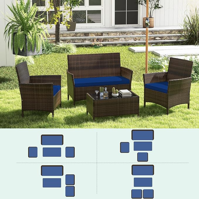 ORALNER 4 Pieces Patio Furniture Set, Rattan Chairs Loveseat with Soft Cushion and Glass Table, Outdoor Wicker Conversation Set for Balcony Garden Backyard Porch Poolside (Navy)