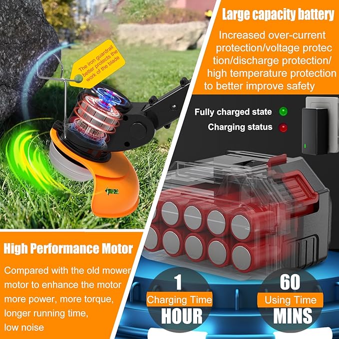 Weed Wacker Cordless Electric Weed Eater Battery Powered, Lightweight No-String Weed Trimmer with 2 Batterys & Wheels, 3 in 1 Stringless Grass Trimmer/Edger/Brush Cutter for Garden Yard Lawn
