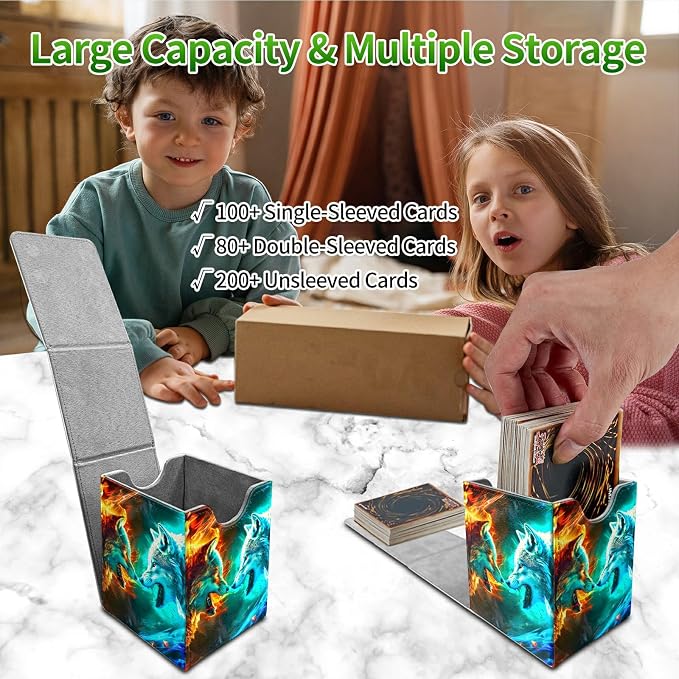 Deck Box for MTG, Cards Storage Box Fits 120+ Sleeved, Leather Medium Size Strong Magnetic Closing Card Case for Board Games Magic TCG CCG Baseball Collection, Two Flaming Wolves