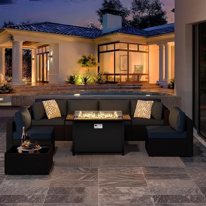 JAMFLY 8 Piece Outdoor Patio Furniture Set with Propane Fire Pit Table, All-Weather PE Wicker Rattan Sectional Sofa Set with Thick Cushions for Backyard, Garden, Poolside(Aegean Blue, Black)