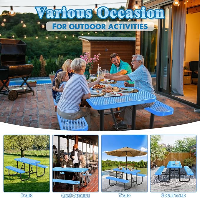 Heavy Duty Picnic Table with Umbrella Hole, Expanded Meta Outdoor Metal Patio Dining Table & Outdoor Bench Set, Steel Mesh Dining Furniture for Garden, Lawn, Patio (4FT Rectangular Table/ Blue)