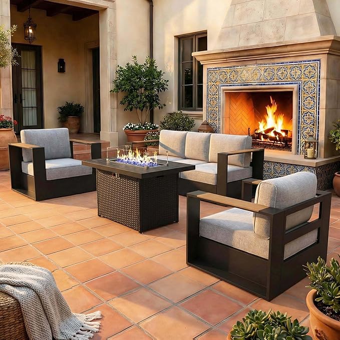 LayinSun 4 Pieces Aluminum Patio Furniture Set with Fire Pit Table, Oversized Outdoor Conversation Set 5 Seats with 6" Thick Cushions for Outside Porch, Balcony, Deck