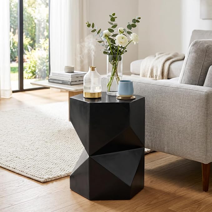SUNBURY Outdoor Side Table, 18" Hexagon End Table Gloss Finish w Geometric Pedestal, Patio Concrete Accent Table Modular Design Decor, Lightweight Garden Stools for Balcony, Porch, Living Room, Black