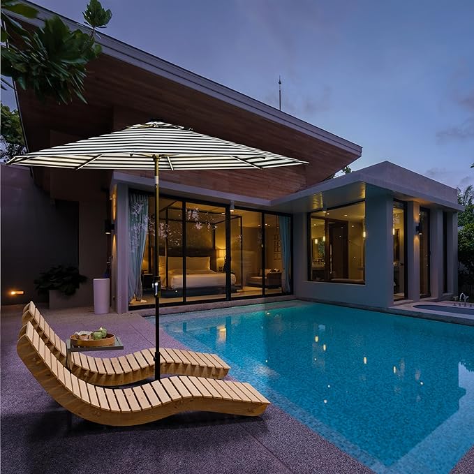 Midtown Umbrellas The LED Swilt 10 Feet Patio Umbrella With Terylast Zebra (Black/White) Polyester Fabric - Auto-Tilt Aluminum Frame With LED Lights For Backyard, Deck, Garden, Pool - Black Pole