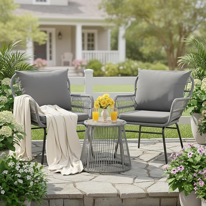 Bezseller 3-Piece Outdoor Patio Furniture Set - Rattan L-Shaped Sectional Sofa All-Weather PE with Detachable Lounger, Glass Coffee Table & Thick Cushions - Backyard, Poolside, Porch (Grey, 2 Seats)