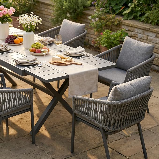 SUNSITT 11 Piece Outdoor Patio Dining Set, 65" - 107" Metal Expandable Outdoor Dining Table with X-Shape Legs, 10 Woven Rope Outdoor Patio Chairs w/Curved Armrest for Garden, Dark Grey