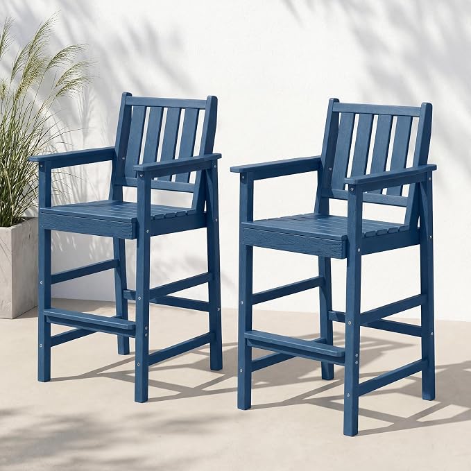 Adirondack Bar Chair Set of 2, All Weather HDPE Counter Height Bar Chair with Wide Amrests & Footrest Heavy-Duty Outdoor Bar Height Barstools Set for Patio, Balcony, Pool, Backyard, Blue