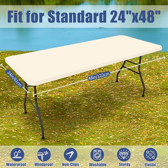 Moosfor Spandex 4 Foot Rectangle Table Cloth 2 Pack, Elastic Fitted Tablecloths for Picnic, Stretch Washable Patio Table Cover for Outdoor, Camping, Banquet and Parties (Champagne, 24"x48")