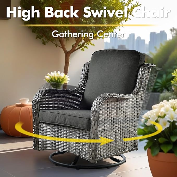 Wicker Patio Furniture Set, 8 Pieces Outdoor Sectional Sets with 6 Seats, Rattan Conversation Set with Swivel Chairs for Garden and Backyard, l Shape Couch Set