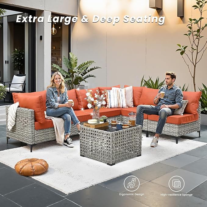 Outdoor Patio Furniture Sets,5 PCS Patio Conversation Set Outside Rattan Sectional Sofa with Coffee Table Fit Backyard Porch Garden Poolside Balcony
