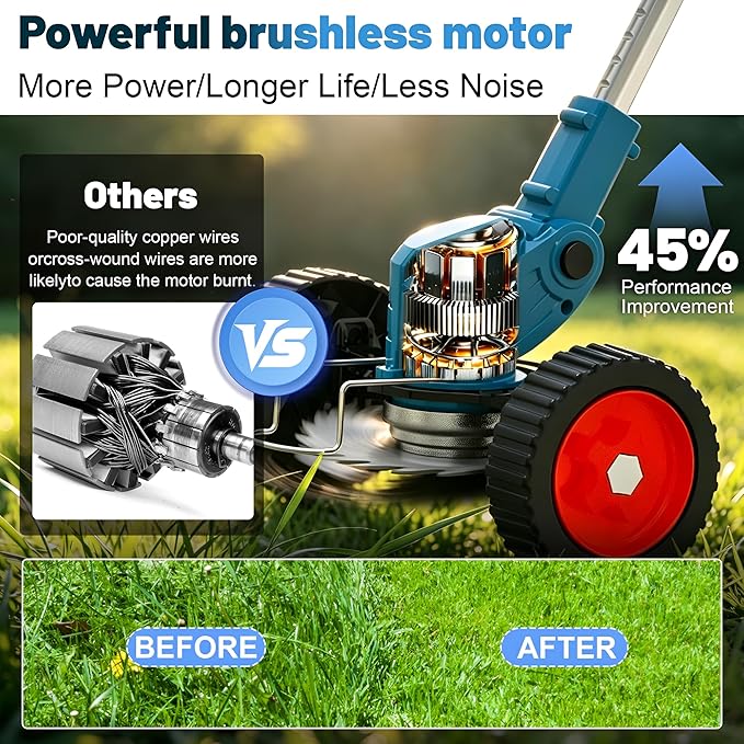 Cordless Weed Wacker Electric Eater 21V Stringless String Trimmers Battery Powered 3-in-1 Grass Trimmer/Lawn Edger/Brush Cutter with 4 Types Blades & Wheels for Garden Yard