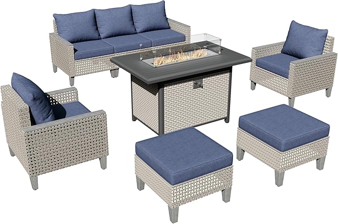 Outdoor Patio Furniture Set with Rattan Fire Pit Table 8-Piece Modular Wicker Sectional Sofa with Ottomans and Thick Cushions, Modern Rattan Outdoor Conversation Couch, Navy