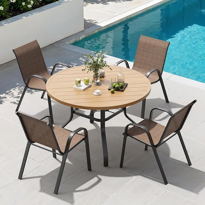 Soohow Patio Dining Set for 4, 5-piece Outdoor Dining Set 4 x Stackable Patio Chairs & 1 x Wood-Like Round Table with Umbrella Hole, All-Weather Outdoor Table and Chairs for Backyard, Balcony, Porch