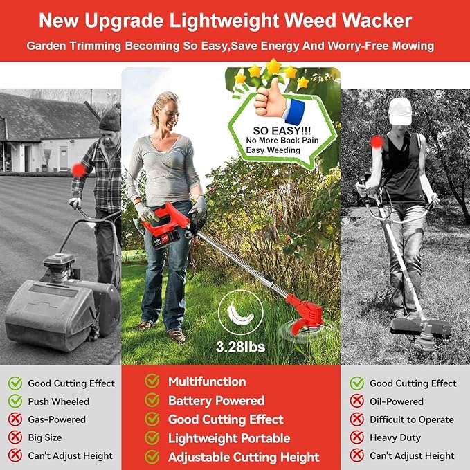 3-in-1 Cordless Grass String Trimmer, Brush Cutter & Edger Lawn Tool with 2X 24V 4.0Ah Li-ion Batteries, Telescopic Shaft and 17 Replacement Blades for Lawn Care, Garden & Yard Trimming (Red)