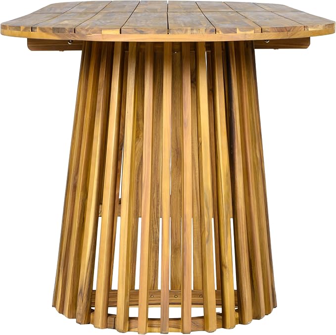 GDFStudio 83" Oval Dining Table with Racetrack Top, Outdoor Acacia Wood Dining Table for 6-8, Large Garden Dining Furniture, Slatted Pedestal Outdoor Furniture, Teak