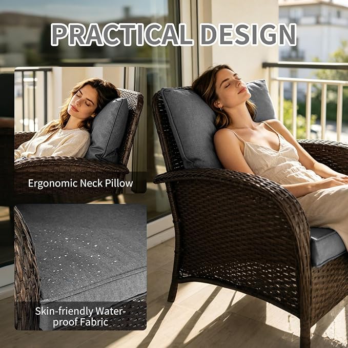 Outdoor Swivel Rocker Patio Chairs (Brown Wicker/Grey Cushion, 4PC/Sofa & Chair &Coffee Table)