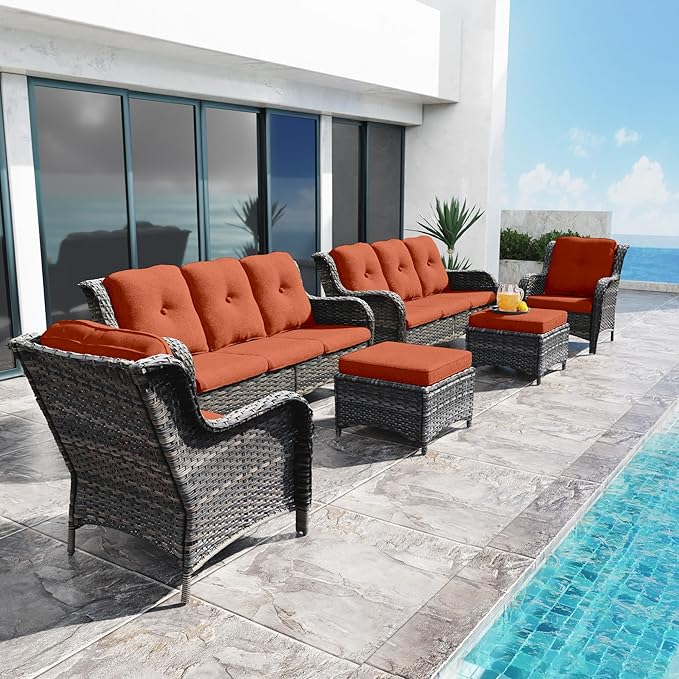 Outdoor Wicker Couch Set 6 Pieces - Outdoor Wicker Patio Furniture Set with 2 Armchairs, 2 Couch and 2 Ottomans, Olefin Cushions Included(Mixed Grey/Orange)