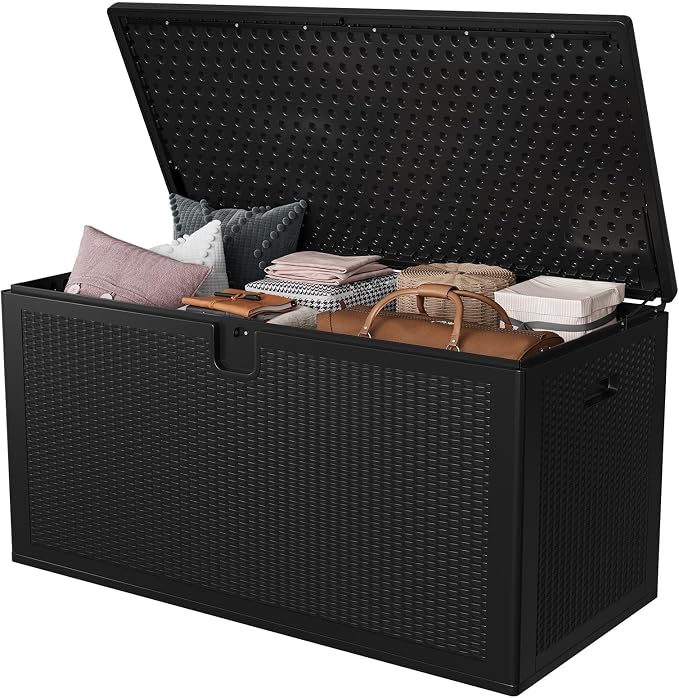 150 Gallon Resin Deck Box, Heavy Duty Outdoor Storage Box with Lockable Lid, Waterproof Weatherproof Container for Patio Cushions, Garden Tools, Backyard & Porch – Black