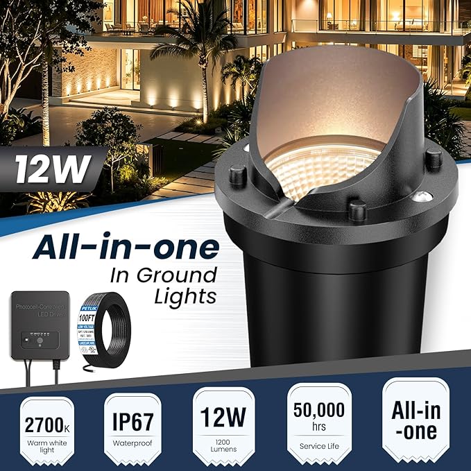 All-in-One Low Voltage Landscape Lighting 12W LED Well Lights IP67 Outdoor In-Ground Lights Waterproof with 144W Transformer, 2700K Warm White Pathway Lighting for Yard Garden, 12 Pack
