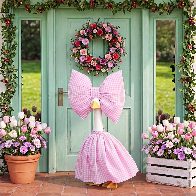 23 Inch Goose Outfit Pink Plaid Dress with Bow Garden Goose Clothes for Outdoor Lawn Yard Patio Courtyard Farmhouse Statue Decoration