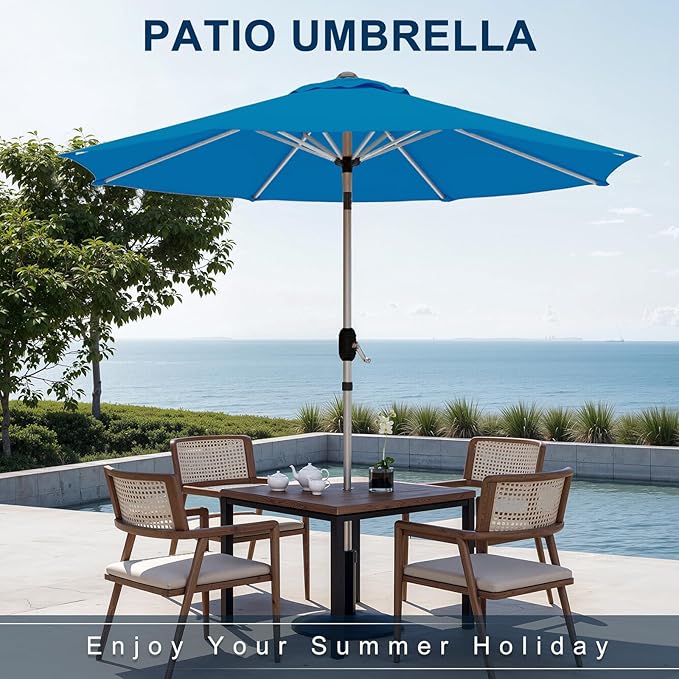 9FT Aluminum Outdoor Patio Umbrella, Fade-Resistant Market Umbrella with Push Button Tilt Function, 8 Sturdy All-Aluminum Ribs for Gardens, Patios, Backyards & Pools