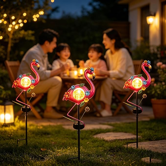 Solar Flamingo Garden Stake Lights Outdoor 2 Pack Metal Flamingo Lawm Ornament Waterproof Decorative Garden Stakes Patio Gifts for Women Mam Girls Landscape Outside Decorations for Yard