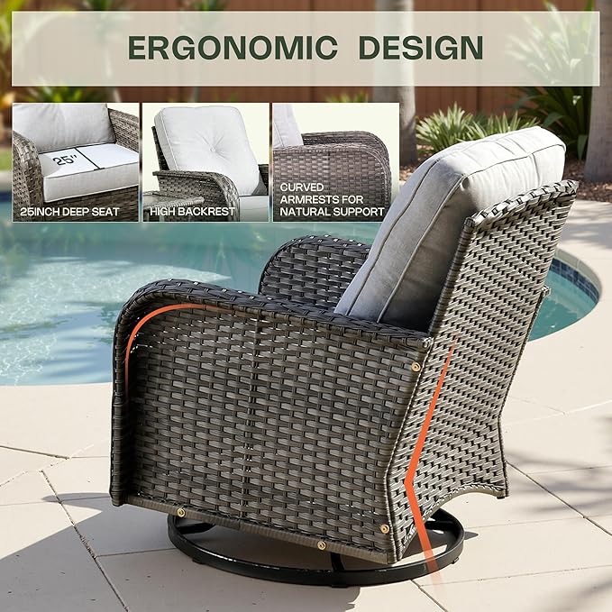 3-Piece Patio Furniture Set, Outdoor Wicker Furniture with Coffee Table, High Back Swivel Rocker Patio Chairs, Modern Rattan Outdoor Chairs Conversation Set for Porch, Balcony, Garden, Light Gray