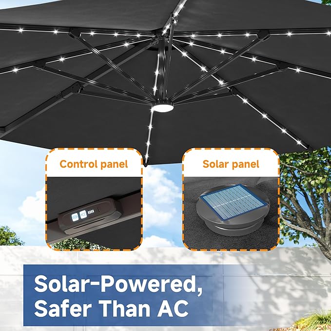 FLAME&SHADE 11ft Cantilever Patio Umbrella with Base, Round Offset Umbrella with Solar Light Strips, Large Heavy Duty Outdoor Aluminum 360° Rotation,for Deck,Pool,Backyard