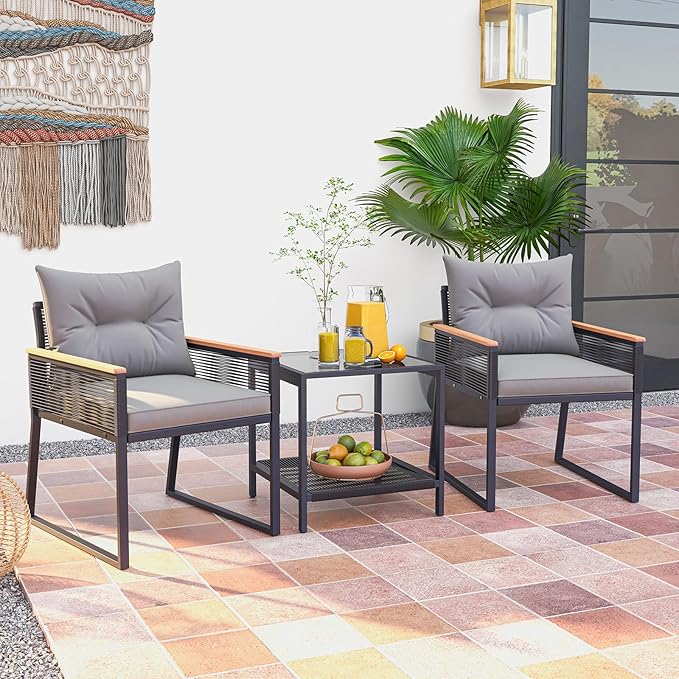 Tangkula 3 Piece Outdoor Conversation Set, Patio Rattan Cushioned Armchairs and Table, with Heavy Duty Metal Frame and Acacia Wood Armrests, for Front Porch, Poolside