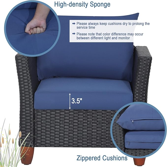 COSTWAY 3 Pieces Patio Rattan Furniture Set, Outdoor Wicker Conversation Chairs Set with Acacia Wood Coffee Table & Washable Cushion, Porch Furniture Bistro Set for Balcony, Garden, Backyard, Navy
