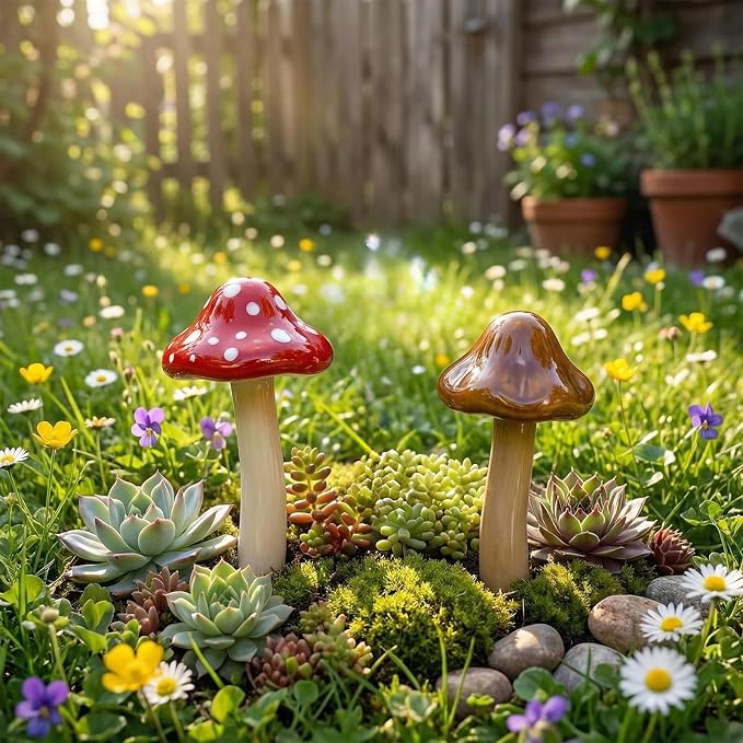 10 Pack Ceramic Mushroom Garden Decor, Outdoor Fairy Garden Ornament | 4.7" Tall Pottery Mushroom Statues, Colorful Outside Decorations for Yard, Lawn, Patio, Indoor Plant Flower Pots