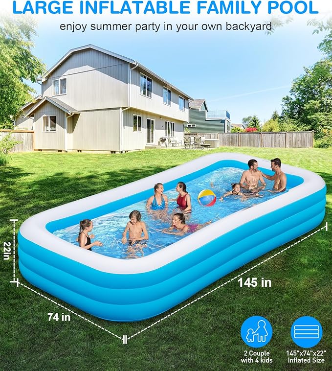 Large Inflatable Swimming Pool - GISAEV 145" x 74" x 22" Oversized Family Blow Up Pool for Adults & Kids, Sturdy Thickened Backyard Kiddie Pool, Easy Setup & Portable (145 Pale)