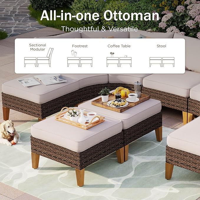 PHI VILLA 11-Piece Outdoor Sectional Patio Conversation Set, Half-Moon Curved Wicker Furniture Set for 11 Seats with Cushioned 2 x Fan-Sofa, 4 x Armrest Sofa, 3 x Armless Chair and 2 x Ottoman, Beige