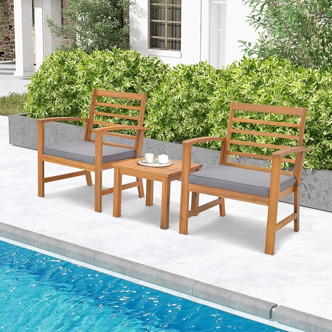 Tangkula 3 Pieces Outdoor Furniture Set, Acacia Wood Conversation Set with Soft Seat Cushions, Stable Acacia Wood Frame, Patio Sofa & Coffee Table Set for Backyard, Porch, Poolside (Grey)